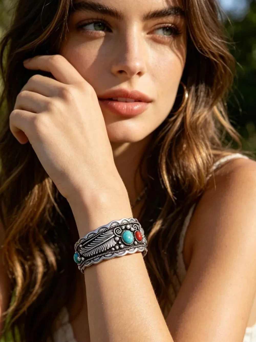 Turquoise Feather Cuff Bracelet - Adjustable Silver Boho Jewelry with Red